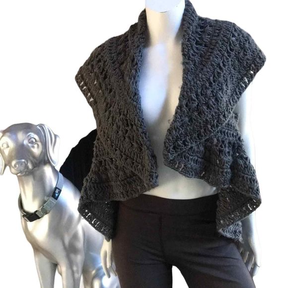 J & X NY Boho Crochet Open Front Shawl Caller High Low Gray Cardigan Sz One Size - Picture 2 of 6